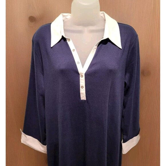 New Karen Scott Sport Navy And White Collared 1/4 Button 3/4 Sleeve Dress Sz L - Picture 2 of 6